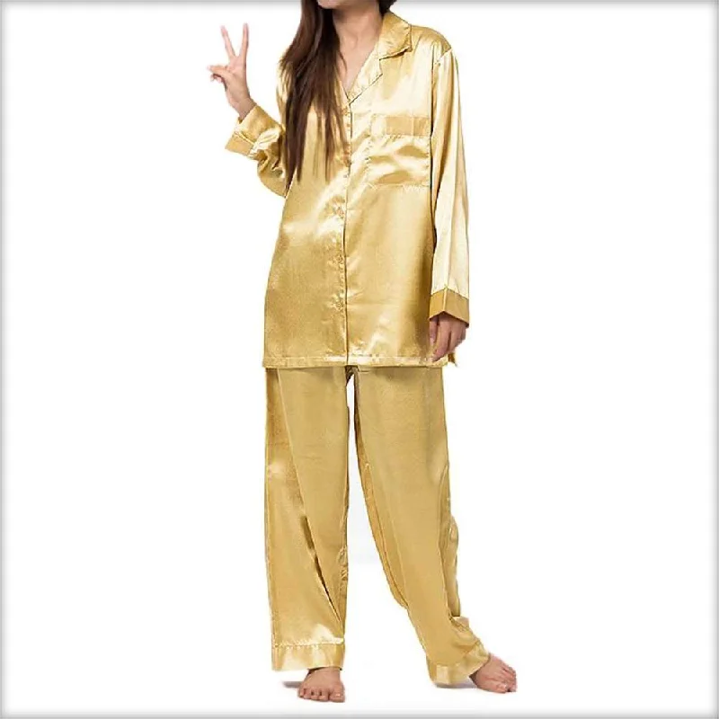 Golden Polyester Solid Satin PJ Set