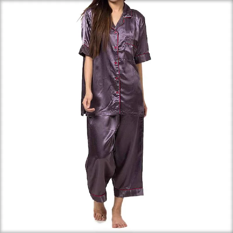 Purple Polyester Satin Nightsuit