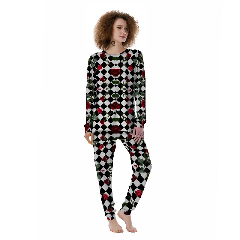 Red Roses And Argyle Print Pattern Women's Pajamas