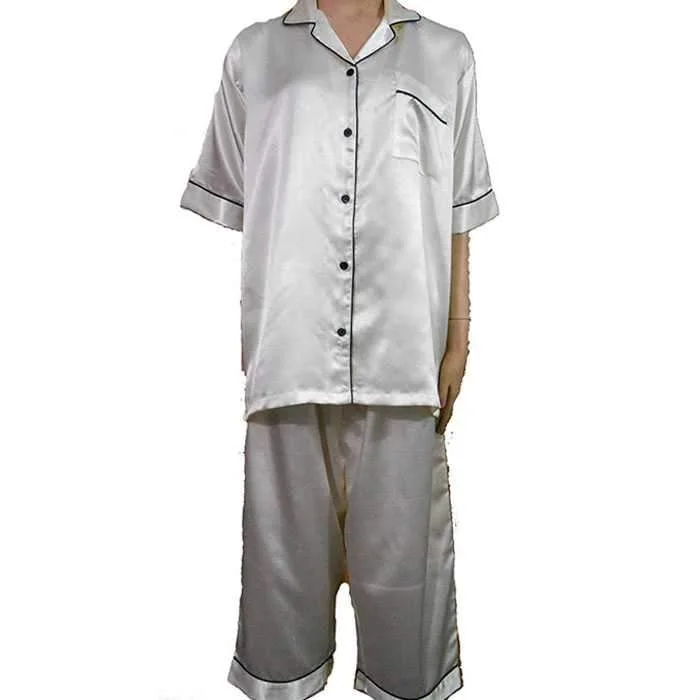 Two PCs Grey Satin Nightsuit With Black Pipping