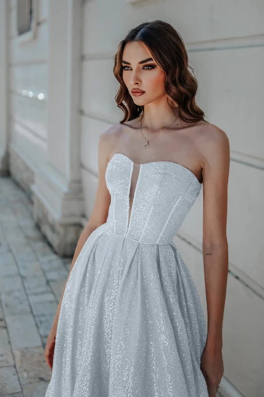 Tina Holly Couture TK313 Silver Sequin Strapless Sweet Heart Neck Line With An A-Line Fit Formal Dress