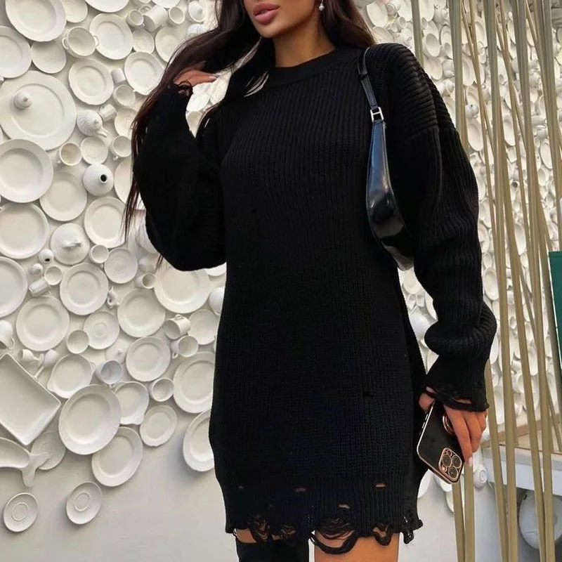 TastyHottie - Women Sweater Oversize Knitted Black O Neck Long Sleeve Pullover