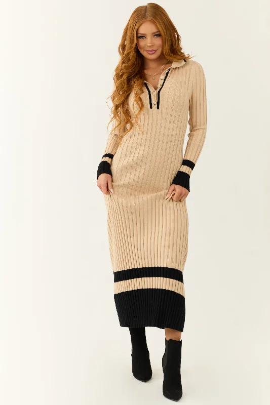 Beige Colorblock Stripe Maxi Sweater Dress