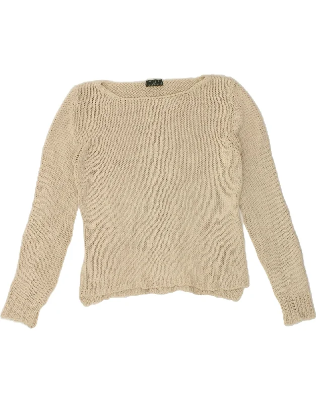 FRED PERRY Womens Crop Boat Neck Jumper Sweater UK 10 Small Beige Cotton