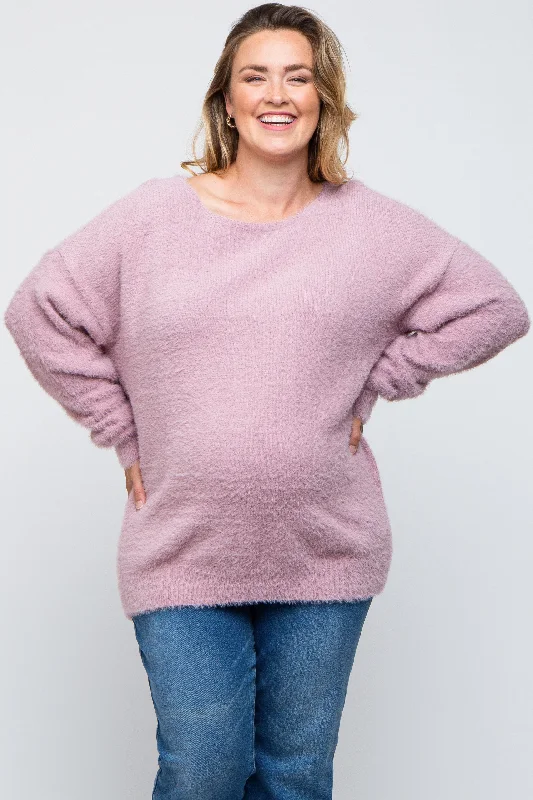 Lavender Fuzzy Knit Boat Neck Maternity Plus Sweater