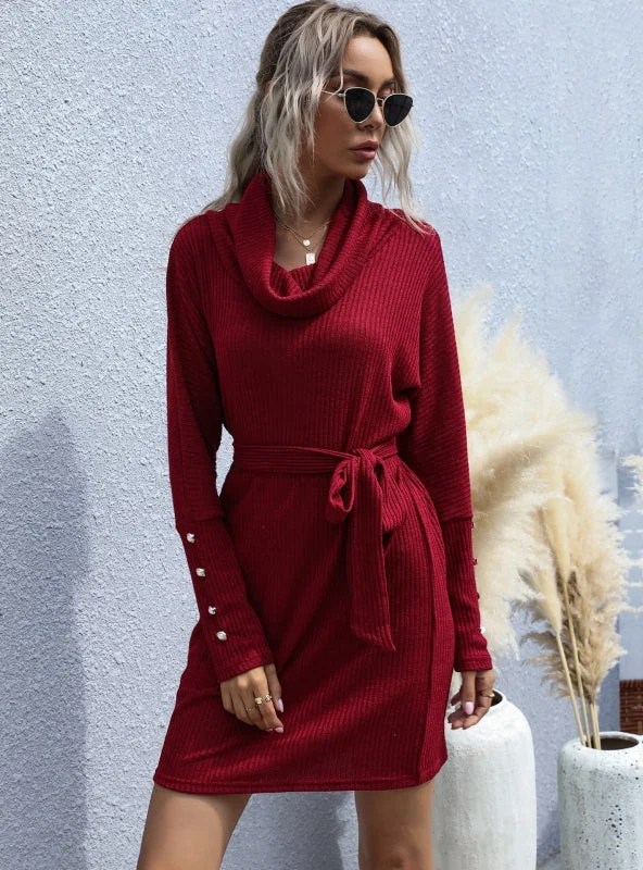 TastyHottie - STYLISH PILE-COLLAR LONG SLEEVE SWEATER DRESS