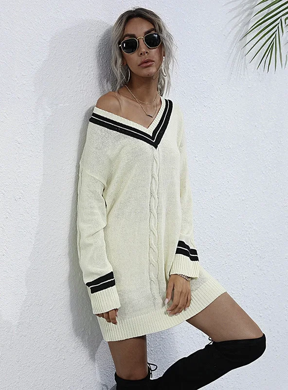 TastyHottie - STYLISH TWIST V-NECK COLLEGE WIND KNITTED SWEATER DRESS