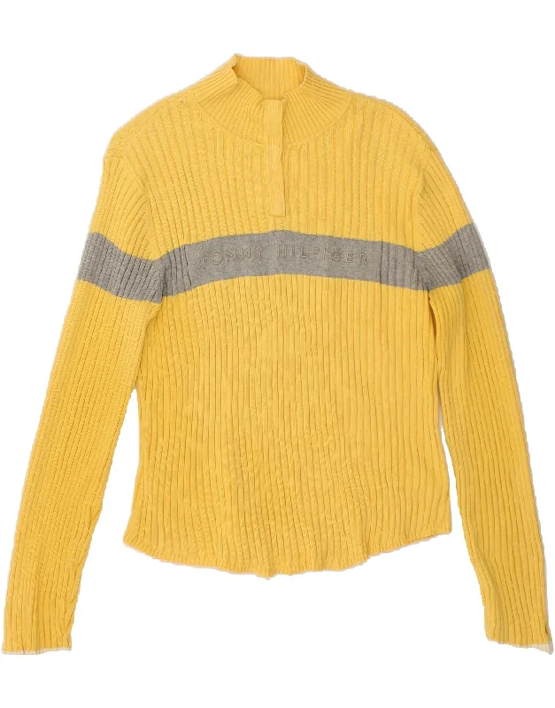 TOMMY HILFIGER Womens Graphic Button Neck Jumper Sweater UK 18 XL Yellow