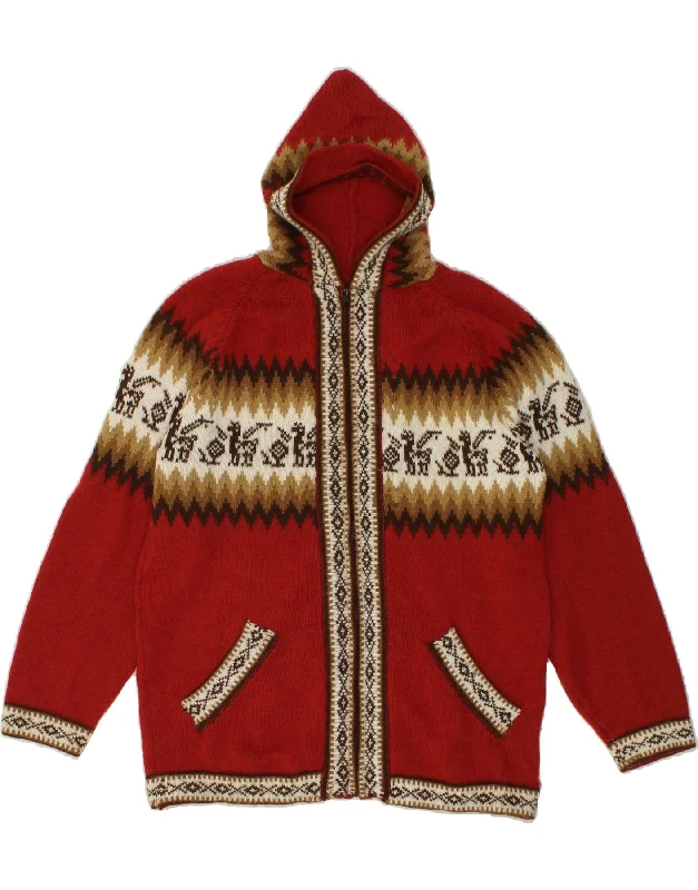 VINTAGE Womens Hooded Cardigan Sweater UK 16 Large Red Fair Isle