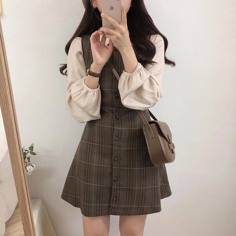 Cute Mini New Year Date Dresses Sleeveless Vest Women Korea Japanese Style Design Retro Vintage Plaid Button Shirt Dress 11021