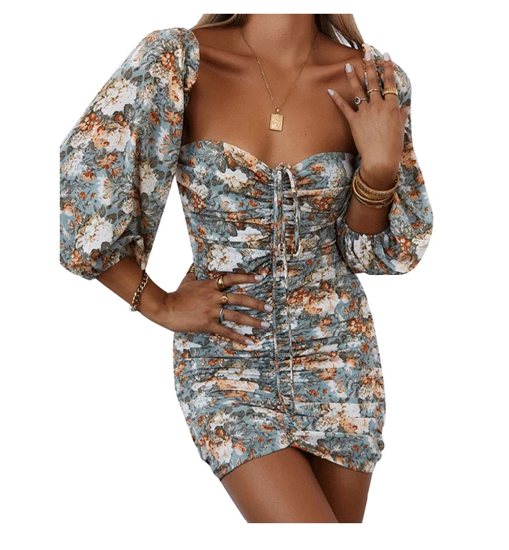 Precious Poppies Ruched Bell Sleeve Mini Dress - Blue