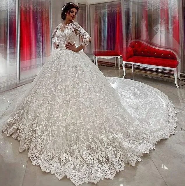 lace appliqué wedding dress ball gown long sleeve boho elegant beaded luxury princess wedding gowns