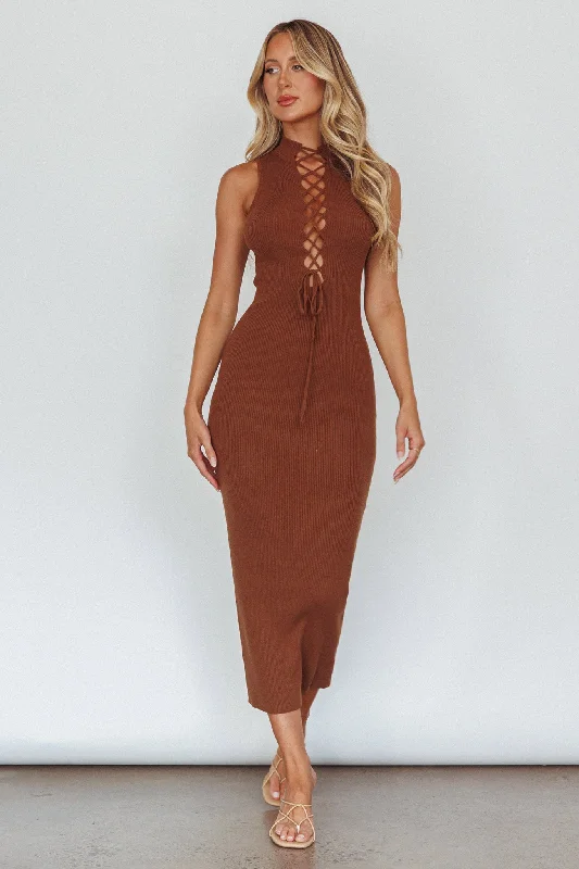 Brand New Day Lace-Up Bust Knit Midi Dress Chocolate