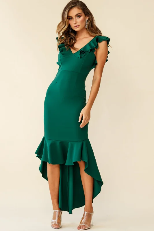 Pearl Ruffle Strap High-Low Hem Dress Forest Green