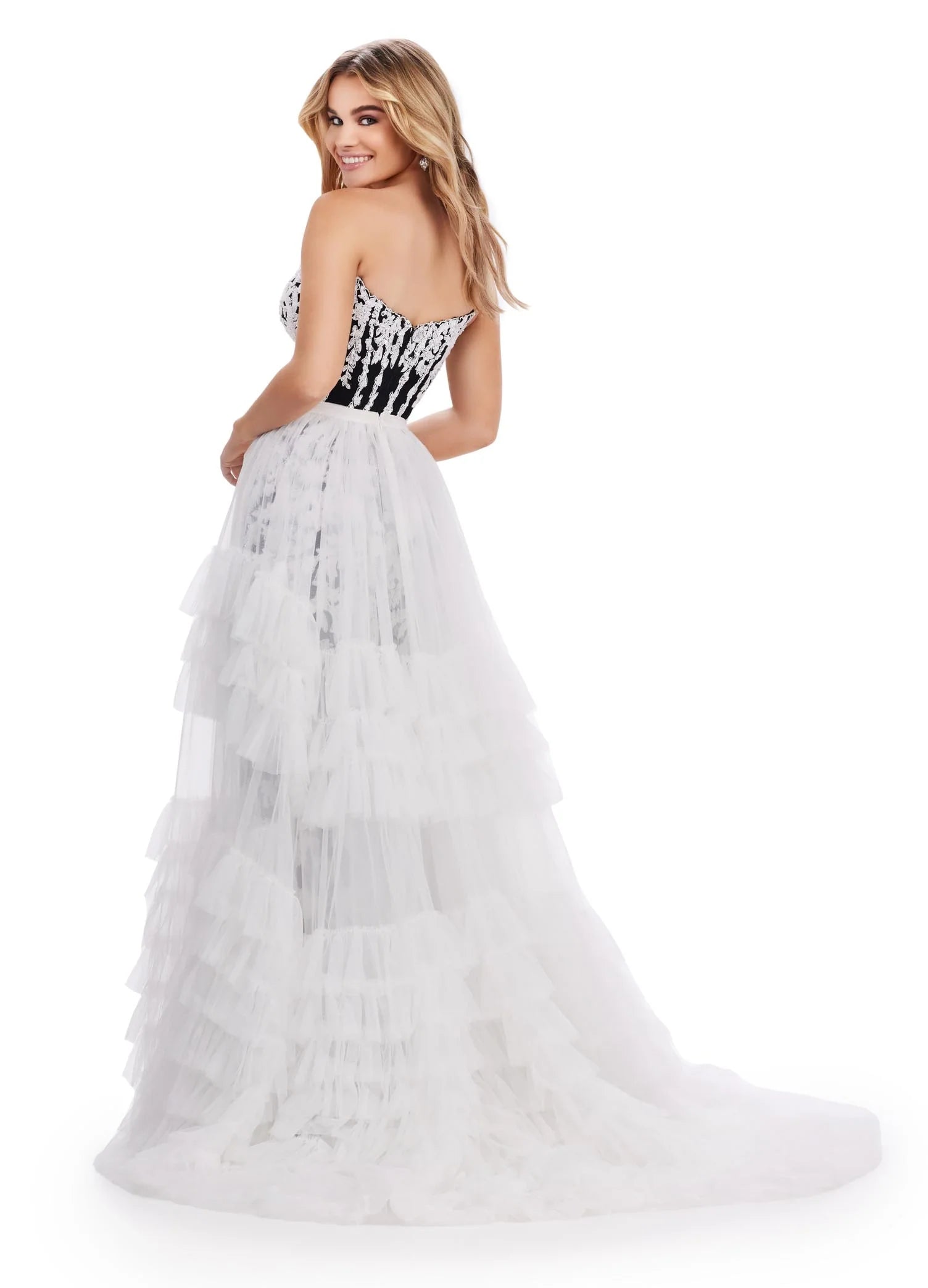 Ashley Lauren 11602 Size 10 White Ruffle Tulle Detachable Overskirt Layer Ruffle Pageant Skirt Train Formal