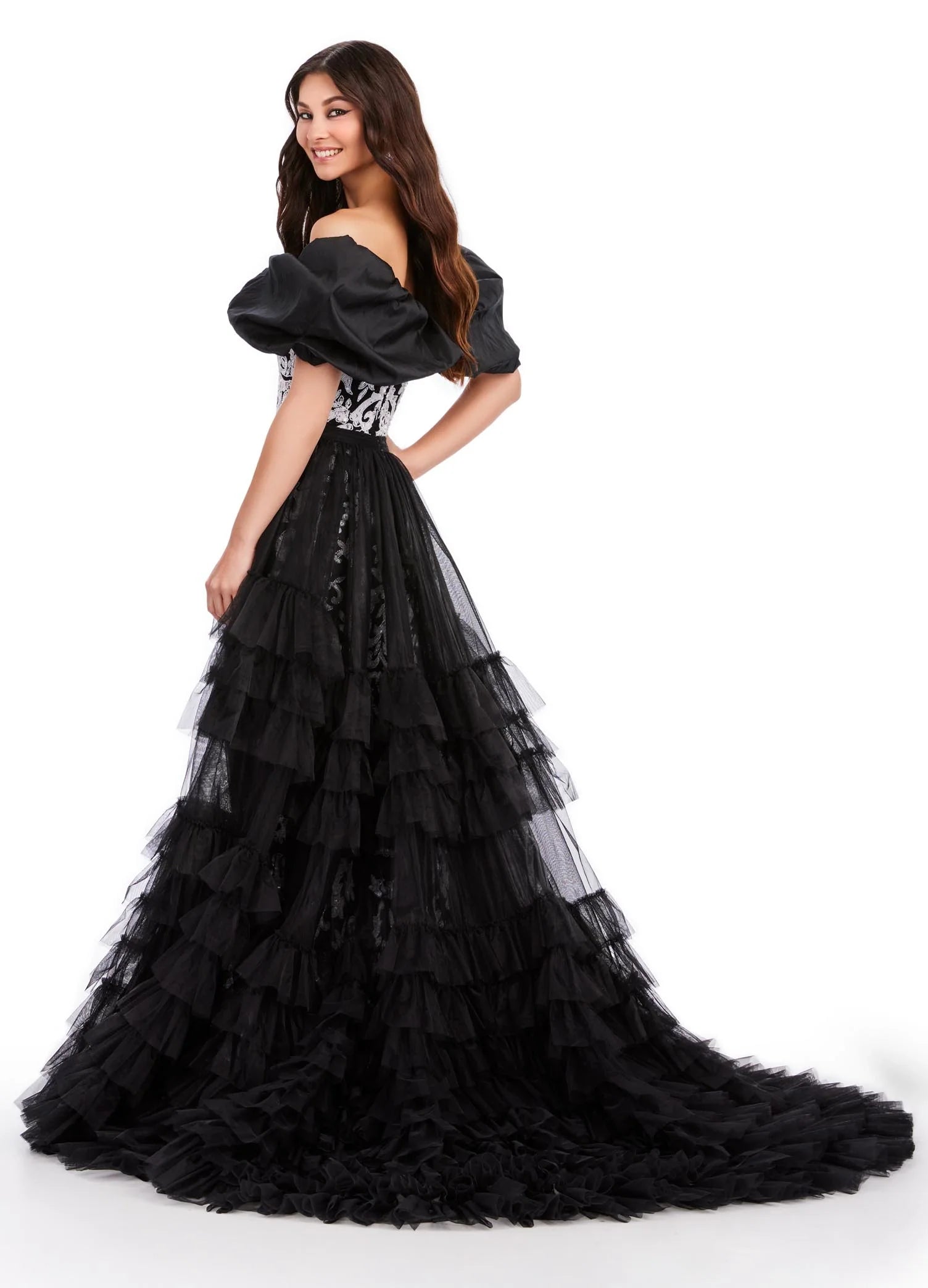 Ashley Lauren 11602 Size 12 Black Ruffle Tulle Detachable Overskirt Layer Ruffle Pageant Skirt Train Formal