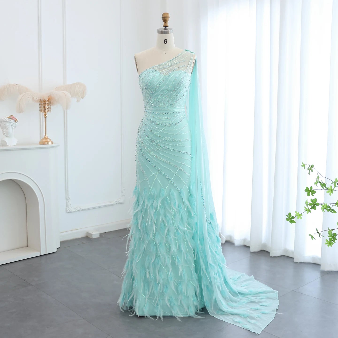 One Shoulder Feather Long Cape Train Dresses