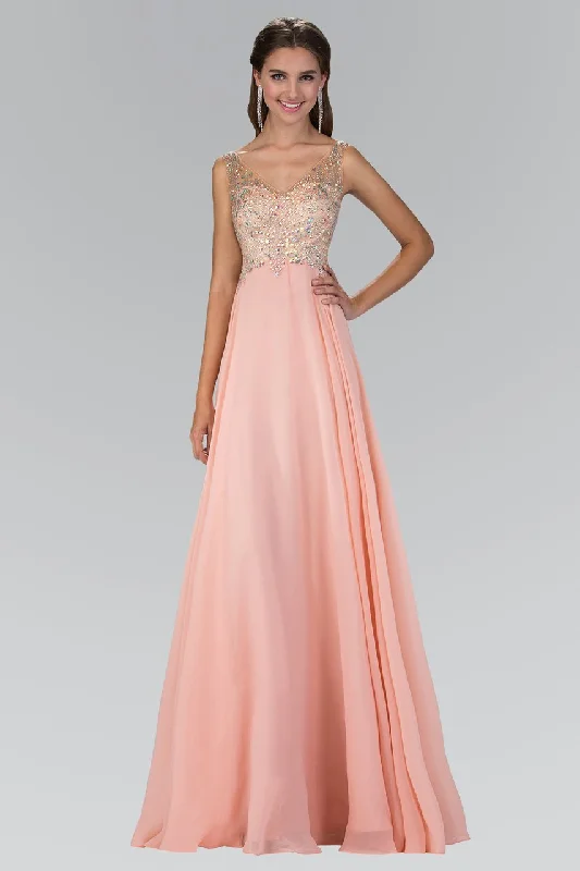 Elizabeth K - GL2116 Bejeweled V-Neck Chiffon Gown