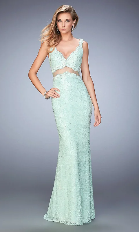 Lace Midriff Cut Out Long La Femme Formal Gown