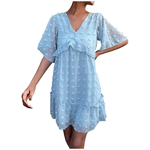 Casual Chiffon Dress V Neck Solid Color Short Sleeve Loose Dress Skirt Dress | Original Brand