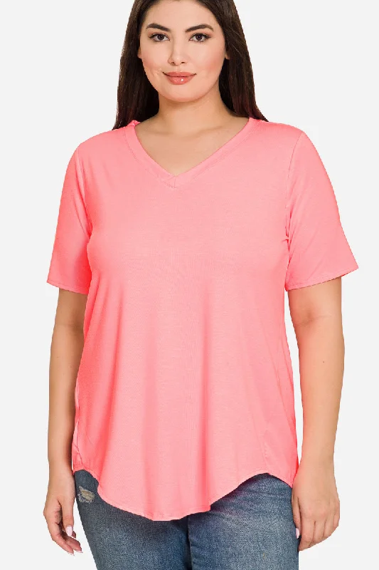 Short Sleeve V-Neck Top - Bright Pink (ready to ship)