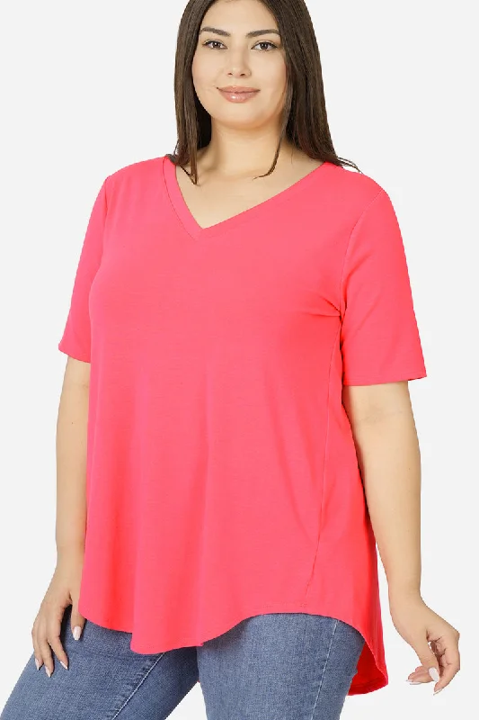 Short Sleeve V-Neck Top - N Coral Fuchsia (ready to ship)