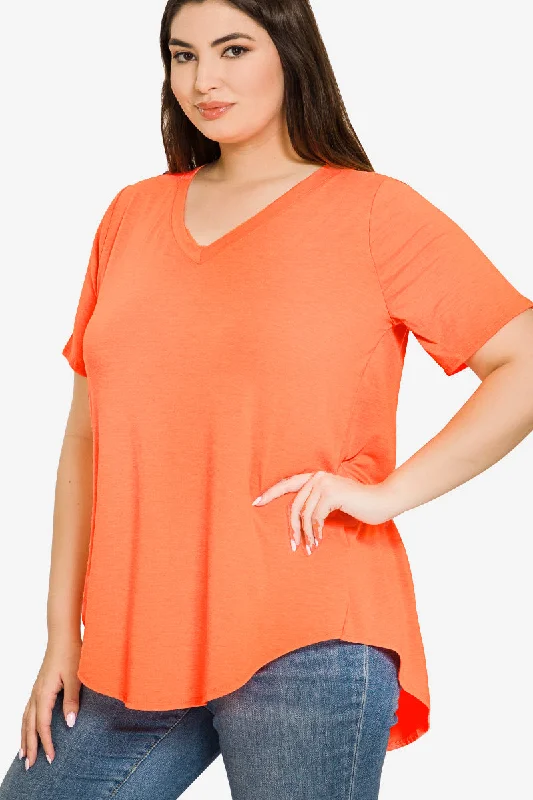 Short Sleeve V-Neck Top - Neon Coral (ready to ship)