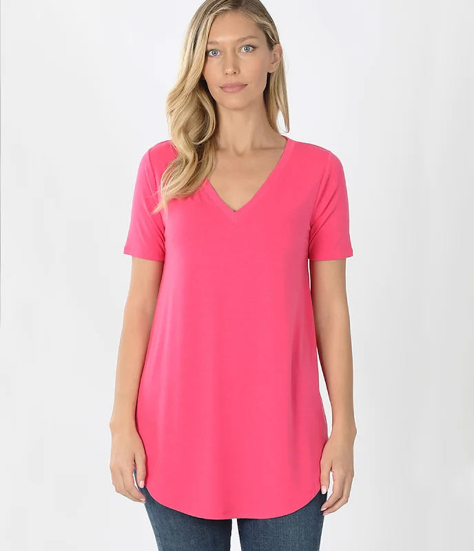 Short Sleeve V-Neck Top - Fuchsia (ready to ship)