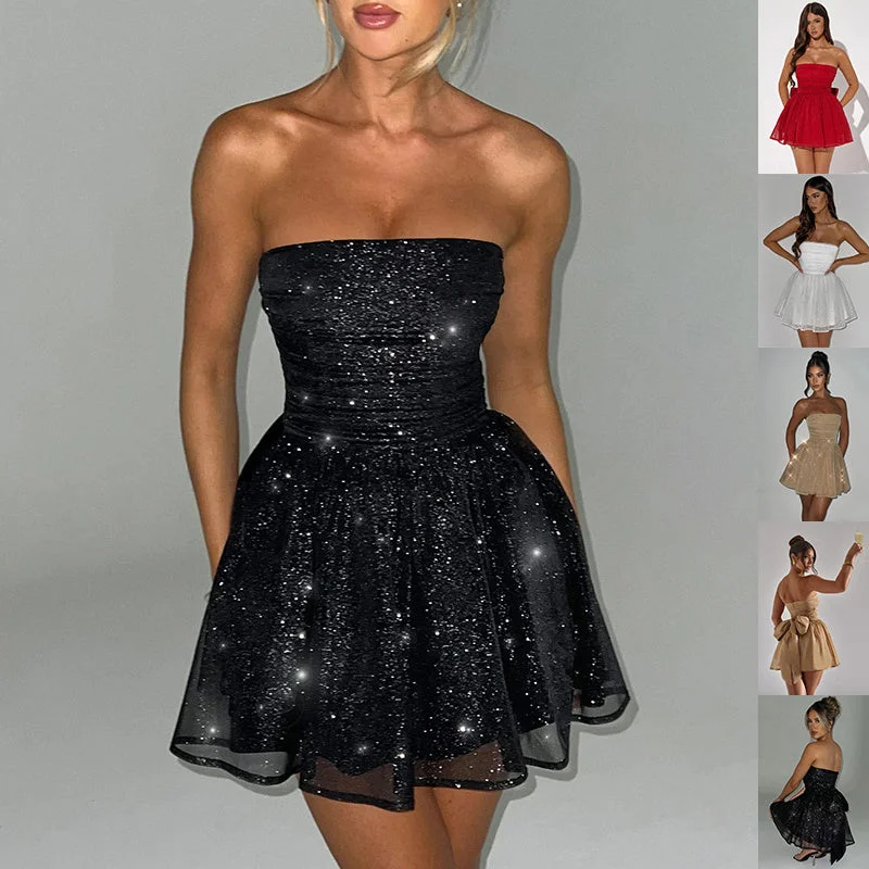 Summer Tube Top Lace Dress with Back Bow Knot - Mesh Stitching Off-Shoulder Short Skirt in Black, Gold, Silver, Red