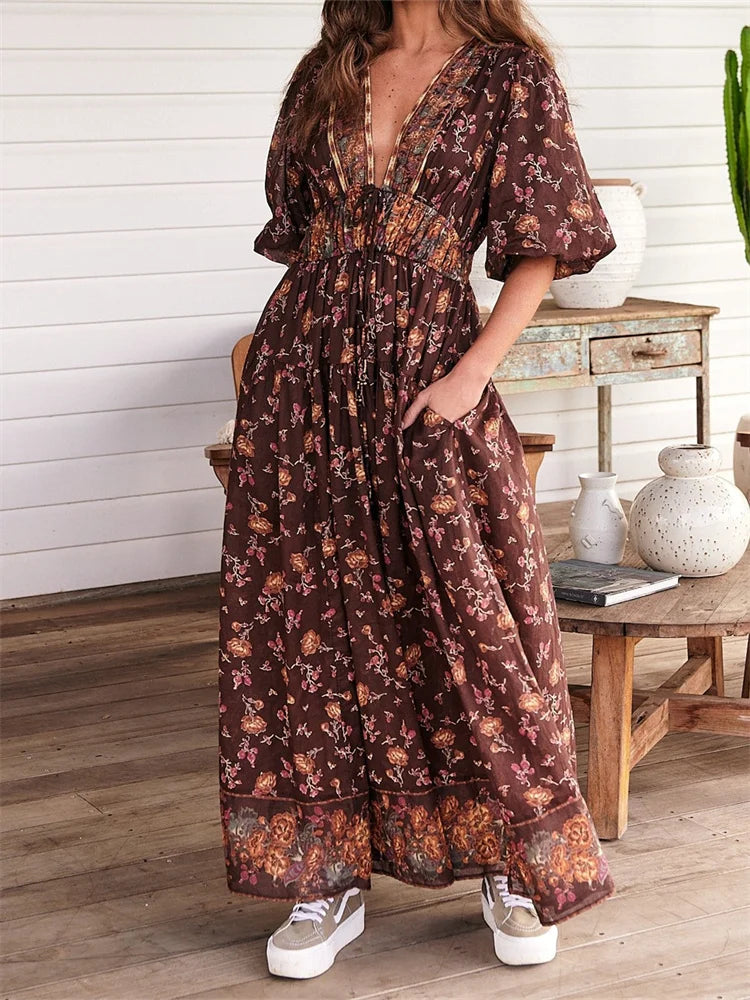 Amy Fashion - Vintage Women Summer Beach  Short Sleeve Deep V Neck Boho Floral Print Party Female Vestidos  New