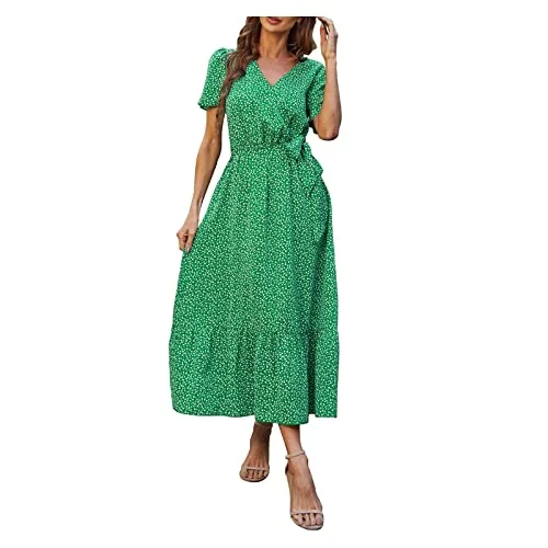 Women's Sexy Flowy Dress Summer Wrap V Neck Short Sleeve Belted Ruffle Maxi Dresses A-Line Holiday Skirt | Original Brand