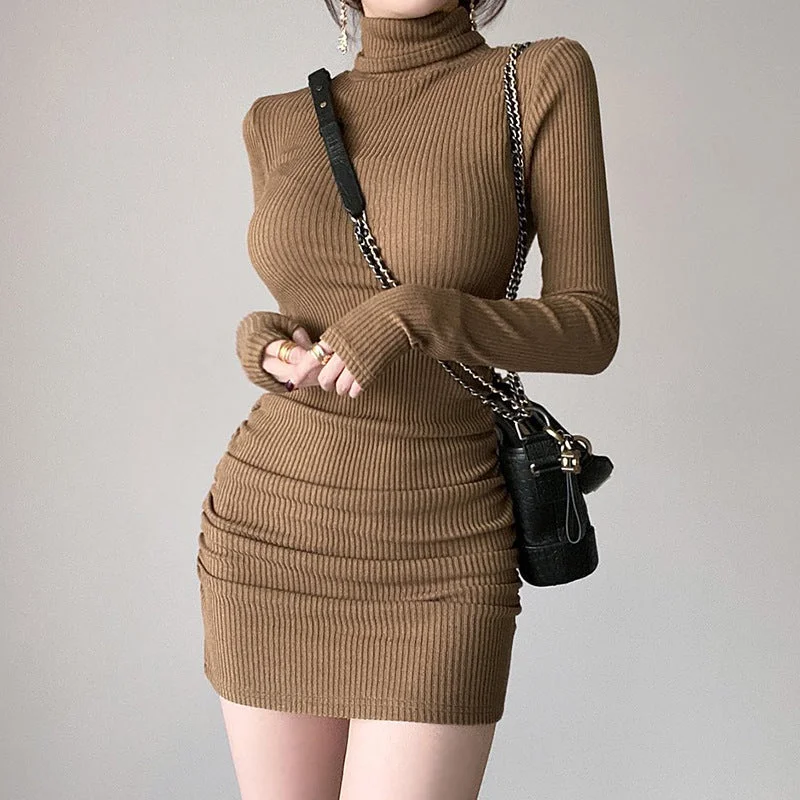 Julia Fashion - Ribbed Knit Turtleneck Women's Dress