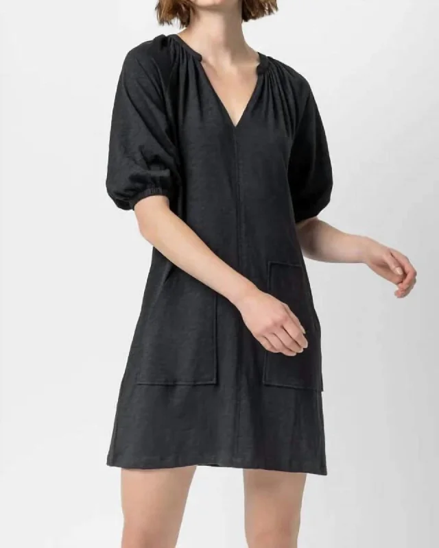 3/4 Sleeve Split Neck Puff Sleeve Dress in Black | Black