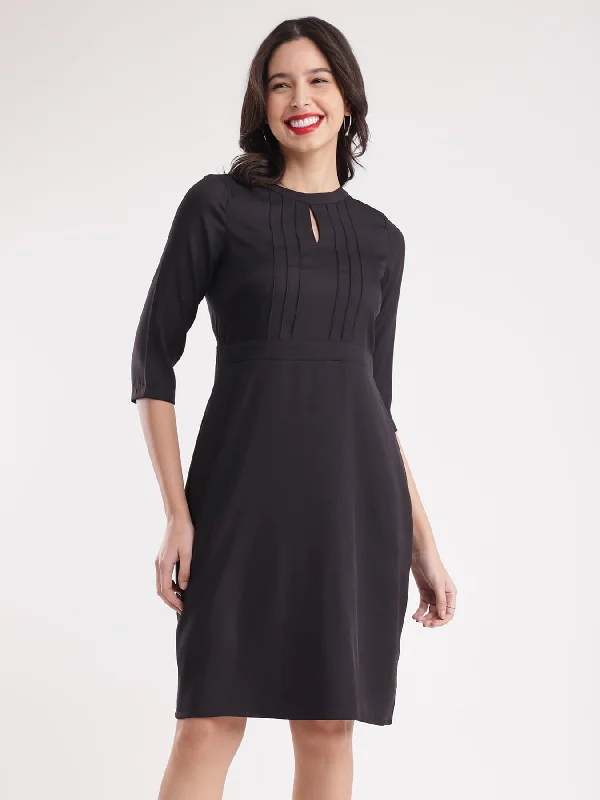 A-Line Solid Dress - Black