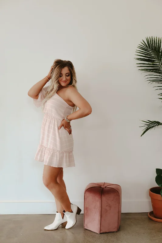 A Side Of Sweetness- Blush & Ivory Striped One Shoulder Dress w/ Ruffle Detail