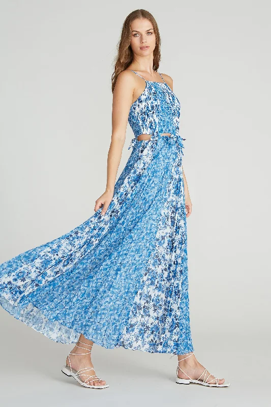 Amur - Holland Tie Pleated Dress - Mykonos Blue Porcelain Floral