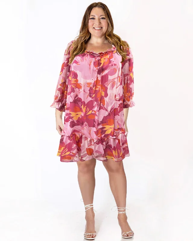 Babydoll Floral Print Chiffon Dress | Pink