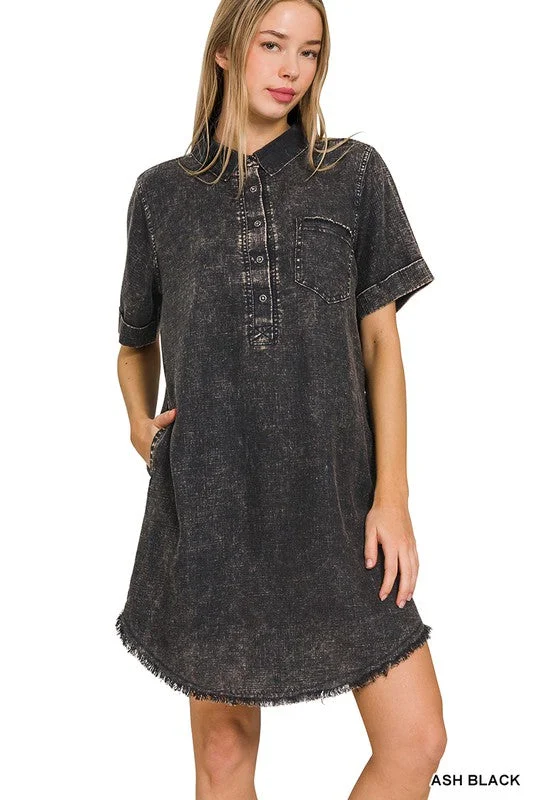 Black Washed Linen Raw Edge Dress