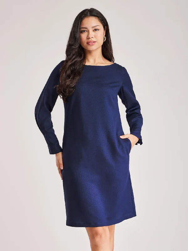 Boat Neck Shift Dress - Navy Blue