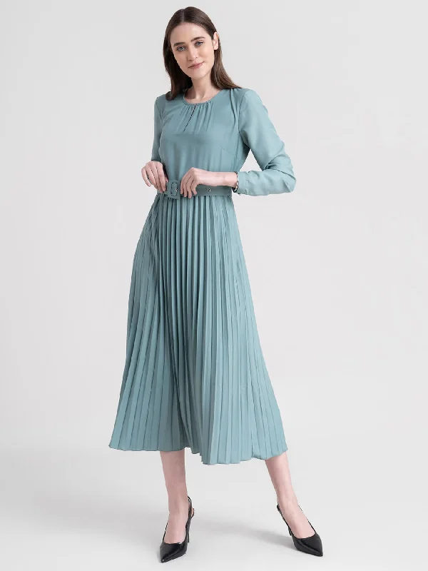 A Line Pleated Dress - Sap Green