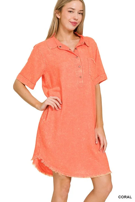 Coral Washed Linen Raw Edge Dress