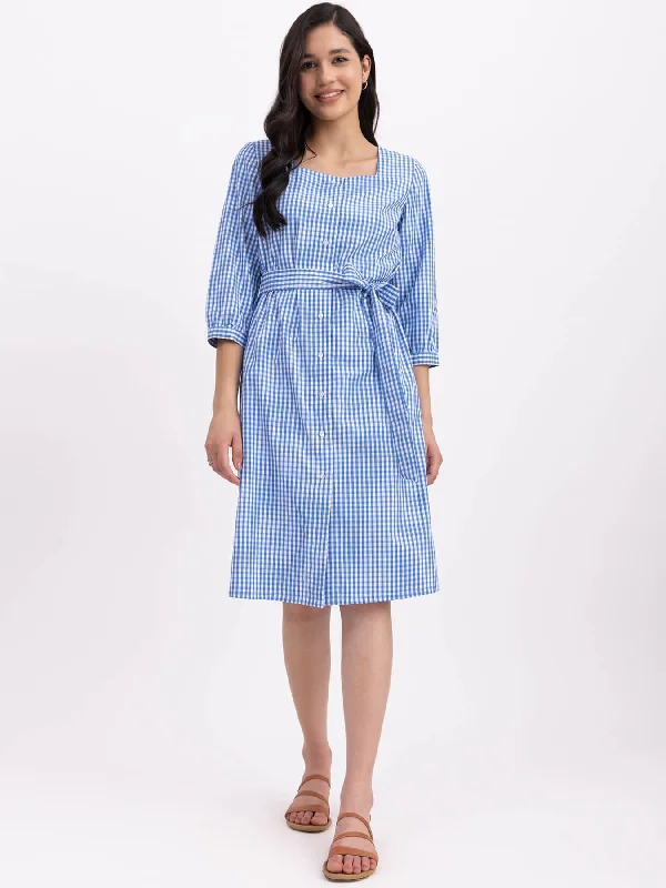 Cotton Checkered Square Neck Dress - Blue And White