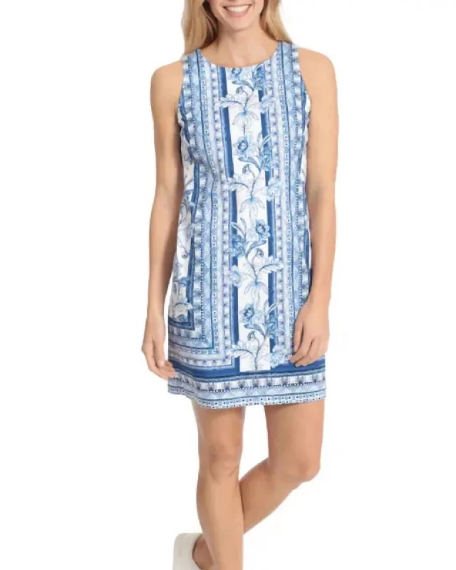 Cotton Shift Dress In White/Blue Multi | White/Blue Multi