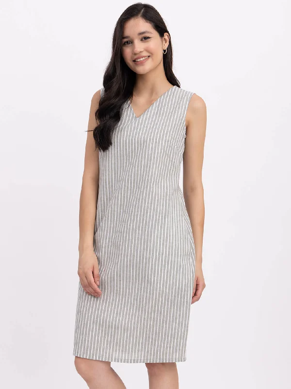 Cotton Striped Shift Dress - Olive