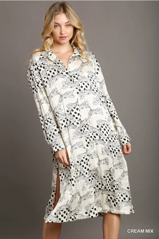 Cream Mix Satin Crinkle Button Up Dress