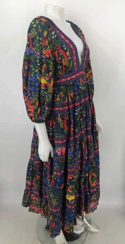 FARM RIO Navy Red Multi V-Neck Puff Sleeves Size SMALL (S) Dress