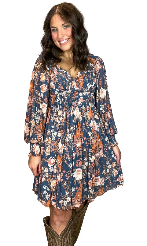 Floral Print Mesh Smocked Long sleeve Dress