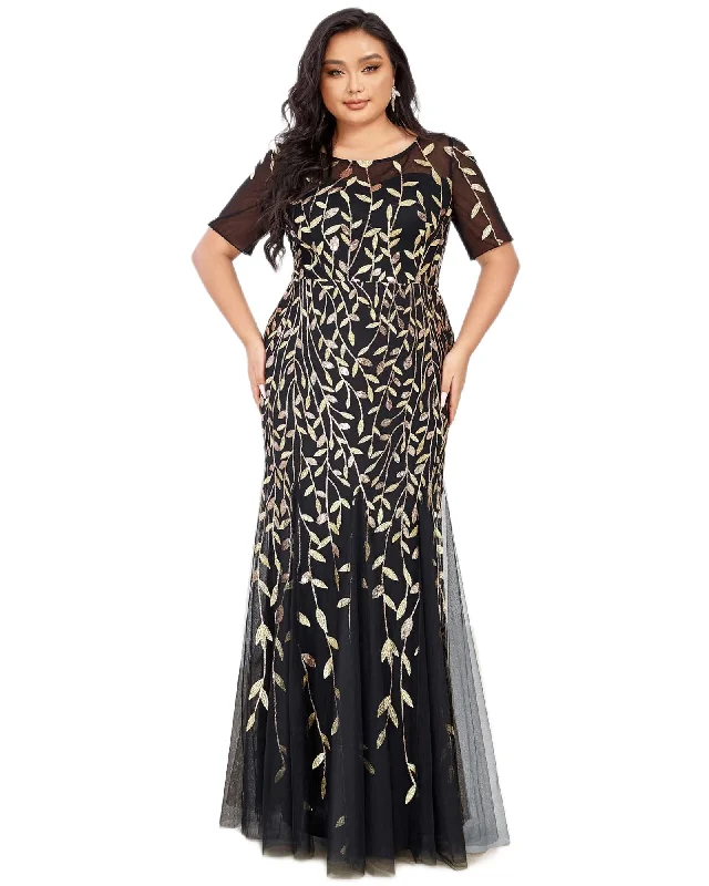 Floral Sequin Mermaid Tulle Evening Dress | Black & Gold