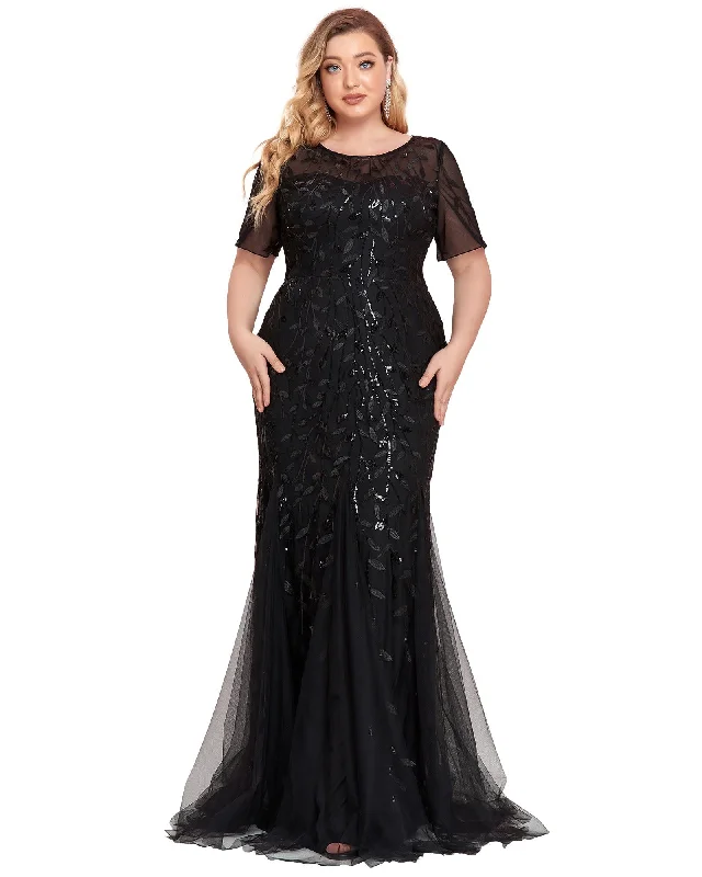 Floral Sequin Mermaid Tulle Evening Dress | Black