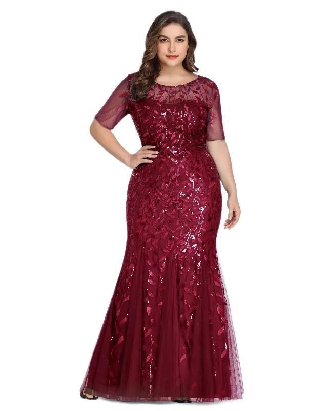 Floral Sequin Mermaid Tulle Evening Dress | Burgundy